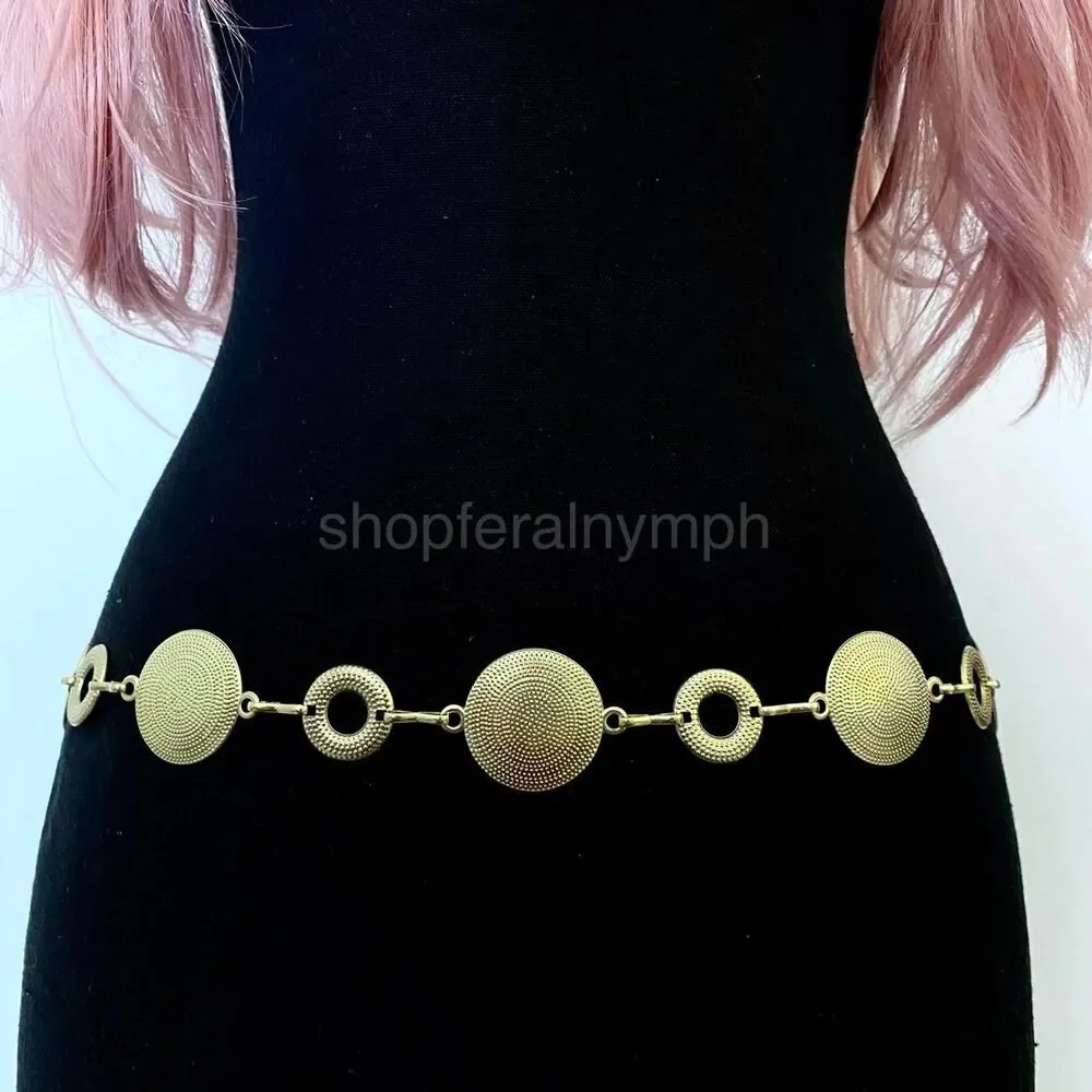 Gold Y2K Textured Disc Open Ring Waist Chain Belt, Fits 24-42 Inches, X7GA1359